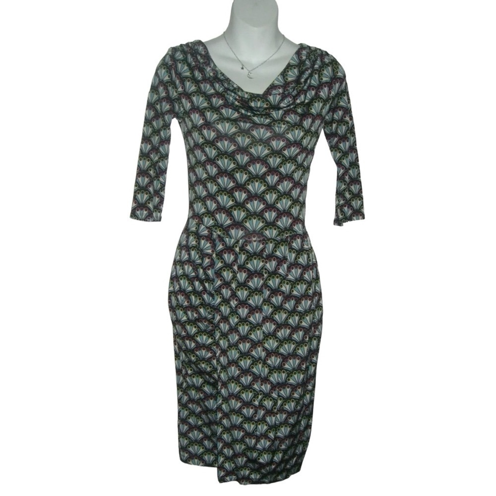 Leota Dress Print Cowl Neck Wrap Business Work Career Black Neon Jersey LBD Midi